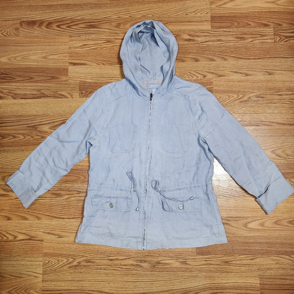 Kenar Jacket Womens Medium Gray 100% Linen Full Zip Lightweight Hooded Utility